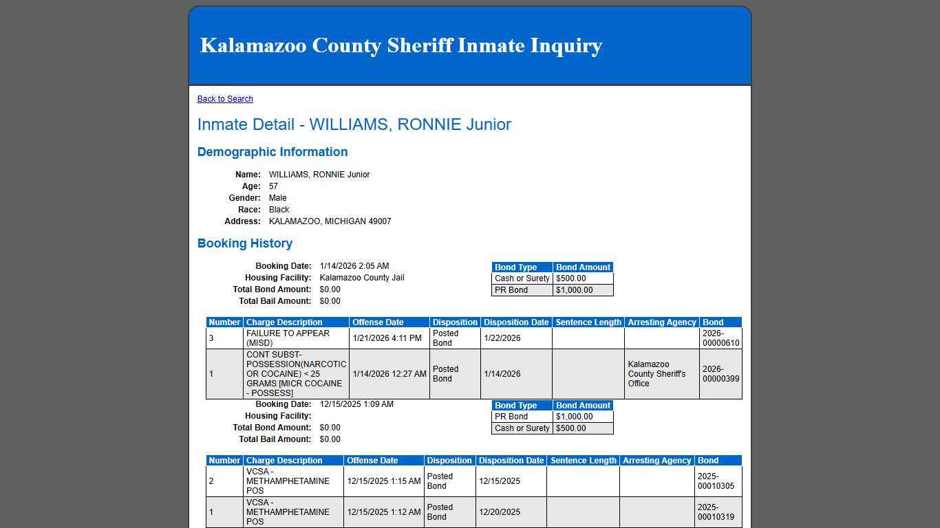 Inmate Detail - WILLIAMS, RONNIE Junior